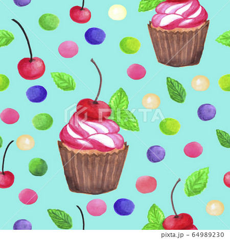 pattern of watercolor colored dots cupcake with cherry 64989230