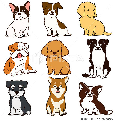 色々な犬おすわりセット 主線ありのイラスト素材