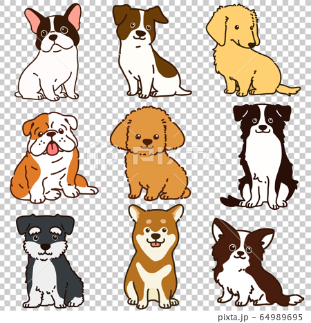 色々な犬おすわりセット 主線ありのイラスト素材