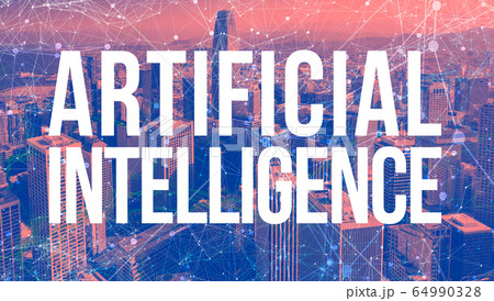 Artificial Intelligence theme with abstract network patterns and skyscrapers 64990328