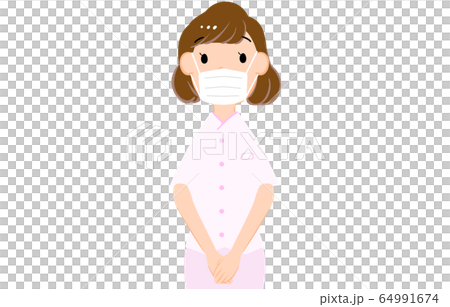 両手を揃えて立つ女性看護師のイラスト 64991674