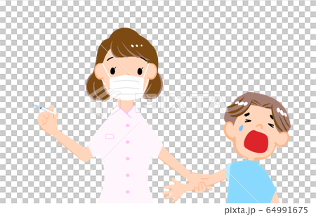 ワクチン注射を嫌がる男のと女性看護師のイラスト 64991675
