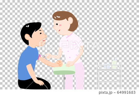 血液検査で血を抜く女性看護師と血を抜かれる男性のイラストのイラスト素材