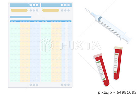血液検査の結果票と注射器と血液のイラストセットのイラスト素材
