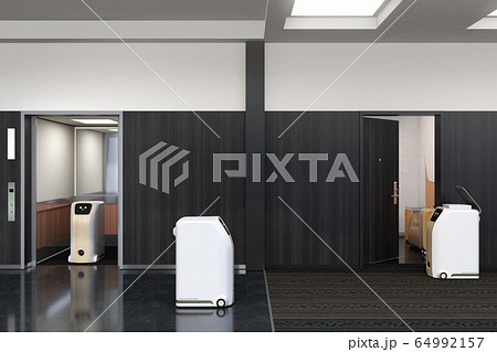 ホテルに働く無人搬送ロボットのイメージ。非接触配送のコンセプト 64992157