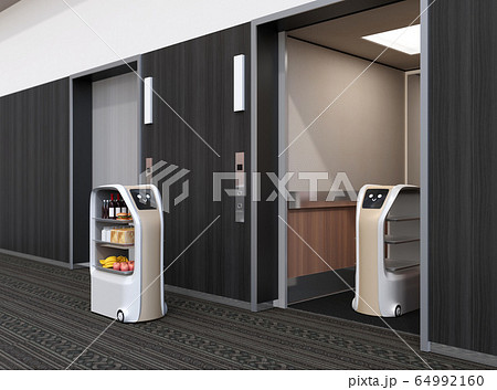 エレベーターから出る無人配膳ロボットのイメージ。飲食店向け無人配送のコンセプト 64992160