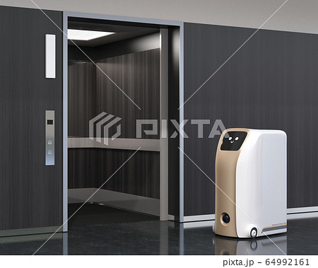 エレベーターに入る無人搬送ロボットのイメージ。館内無人配送のコンセプト 64992161