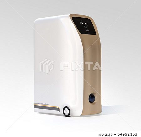 白バックに自動運搬ロボットのイメージ。タッチパネルに笑顔のアイコン。非接触配送コンセプト 64992163