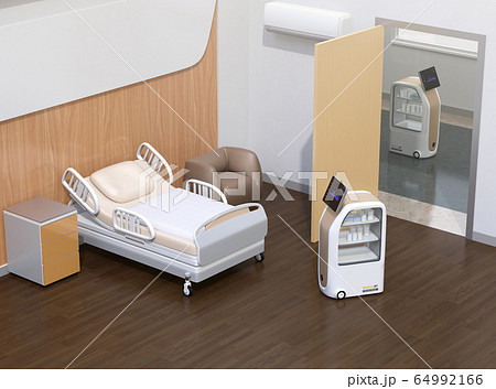 病院に薬品や検体などを配送する無人搬送ロボットのイメージ。院内感染防止の無人搬送コンセプト 病院に薬品や検体などを配送する無人搬送ロボットのイメージ。院内感染防止の無人搬送コンセプト 64992166