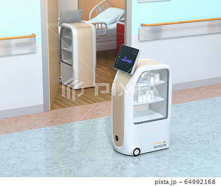 病院に薬品や検体などを配送する無人搬送ロボットのイメージ。院内感染防止の無人搬送コンセプト 64992168