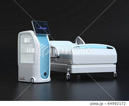 黒バックに病院向け無人搬送ロボットのイメージ。院内感染防止の無人搬送コンセプト 64992172