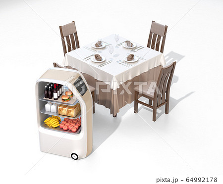 白バックに食卓と配膳ロボットのイメージ。省力化無人配膳ロボットのコンセプト 64992178