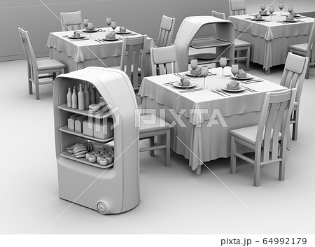 レストランホールに配膳している搬送ロボットのクレイレンダリングイメージ。無人搬送サービスのコンセプト 64992179