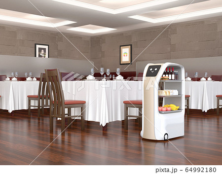 レストランホールに配膳している搬送ロボット。省力化無人搬送サービスのコンセプト レストランホールに配膳している搬送ロボット。省力化無人搬送サービスのコンセプト 64992180