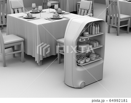 レストランホールに配膳している搬送ロボットのクレイレンダリングイメージ。無人搬送サービスのコンセプト 64992181
