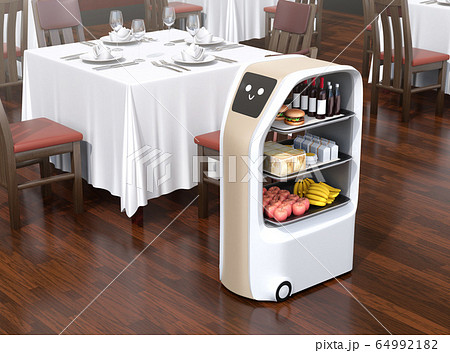 レストランホールに配膳している搬送ロボット。省力化無人搬送サービスのコンセプト 64992182