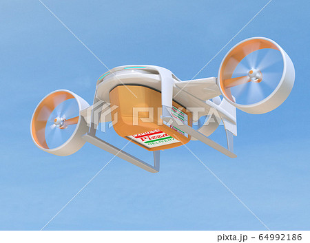 ピザ箱を運ぶドローンのイメージ。高速無人配送のコンセプト 64992186