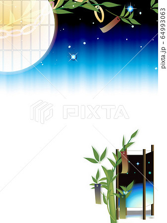 七夕の笹飾りに灯篭と天の川のイメージのイラスト縦スタイル背景素材のイラスト素材