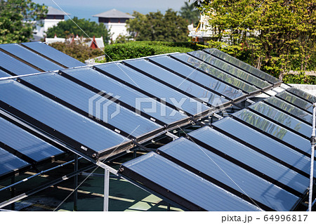Aerial view of the solar cells on the roof 64996817