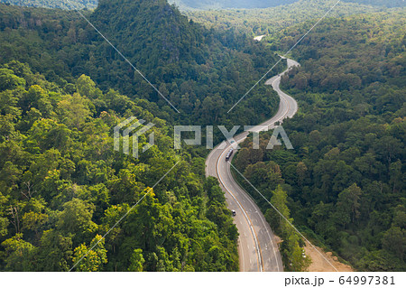 Aerial view of pathway road in forest, view from 64997381