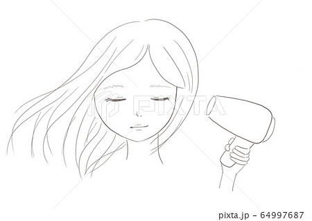 ドライヤーで髪を乾かす女性のオシャレな線画のイラスト素材