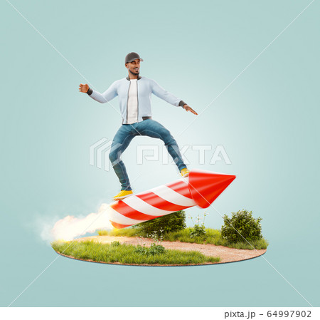 Young man riding on a firework rocket Young man riding on a firework rocket 64997902