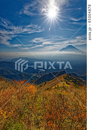 紅葉の御坂山地・王岳山頂から見る富士山 65004878