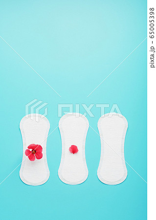 Sanitary pads in a row with a red flower on a blue 65005398