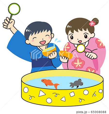 夏祭り 金魚すくい 子ども 浴衣 イラストのイラスト素材