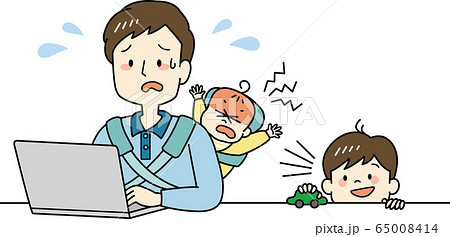 子どもを預けられずテレワークが進まないお父さんのイラスト素材