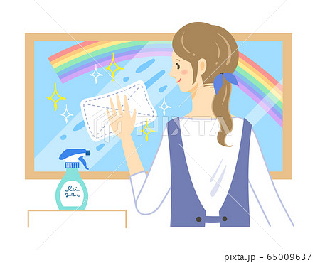 窓を拭く女性のイラスト 虹 のイラスト素材