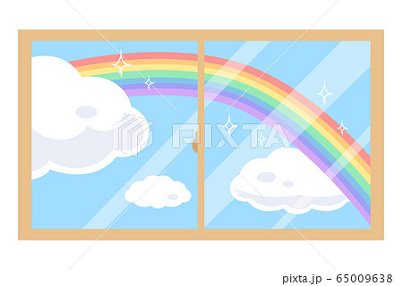 窓の外に架かる虹と雲のイラストのイラスト素材