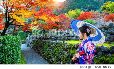 Asian woman wearing japanese traditional kimono in autumn park. 65010635