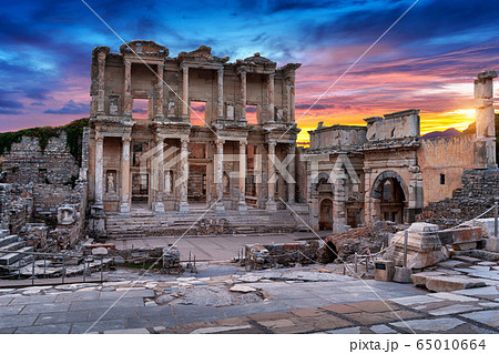 Celsus Library at Ephesus ancient city in Izmir, Turkey. 65010664