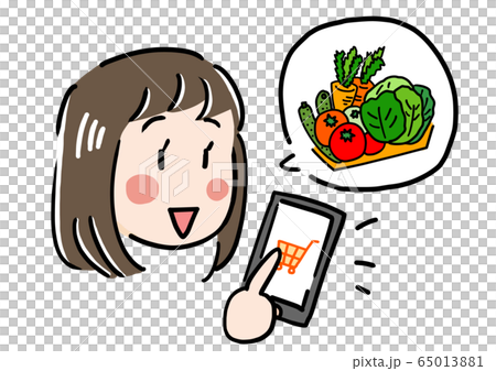 スマホでネットショッピングし野菜を買う女の子のイラスト素材