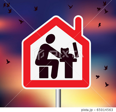 Road sign on sky with birds remote work from home computer 65014563