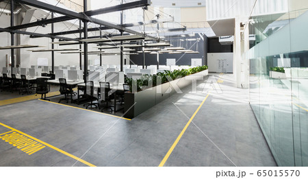 Office interior with open space and yellow restrictive zones Office interior with open space and yellow restrictive zones 65015570