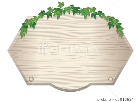 蔦と木目のある木の板、案内板のイラストボード　｜タイトルバック・キャッチコピーバナー用背景素材 65016654