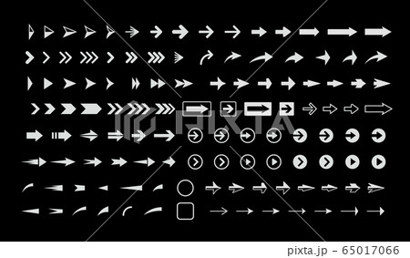 White arrows on black background, vector icons set, interface isolated symbols pack. Next, forward, previous buttons plain signs bundle. Cursors pictograms collection for web. 65017066