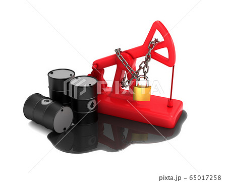 Locked Red Pumpjack, Barrels And Spilled Oil On White Background 65017258