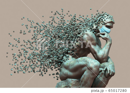 Cooper Thinker In Medical Mask Desintegrated Into 3D Pixels Cooper Thinker In Medical Mask Desintegrated Into 3D Pixels 65017280