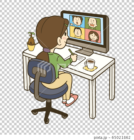 自宅でリモートワークをする女性 デスクトップパソコンのイラスト素材