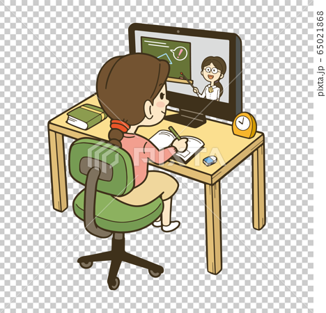 パソコンでオンライン授業を受ける女の子のイラスト 勉強机のイラスト素材