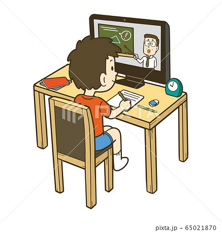 パソコンでオンライン授業を受ける男の子のイラスト リビング学習 のイラスト素材