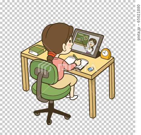 タブレットでオンライン授業を受ける女の子のイラスト 65021880