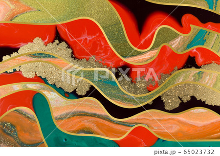 Red, black and gold paint liquid background. Abstract marble texture. 65023732