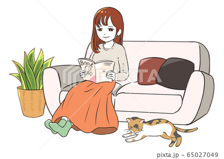 リビングで猫とくつろぐ女性のイラスト素材