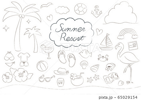 夏のリゾート 海水浴 アイテムセット 線のみ のイラスト素材