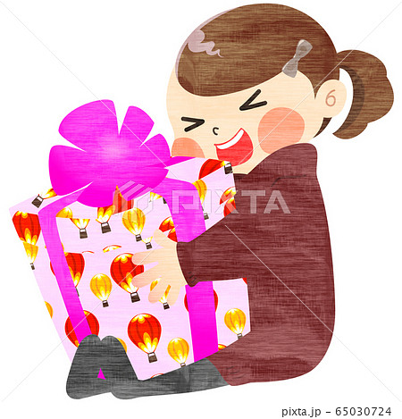 誕生日プレゼントにはしゃぐ女の子 - 冬・手描き風 65030724