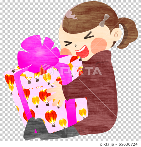 誕生日プレゼントにはしゃぐ女の子 - 冬・手描き風 65030724